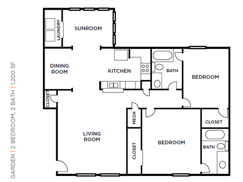 Floor plan for 2 beds, 2 baths, 1200 sqft